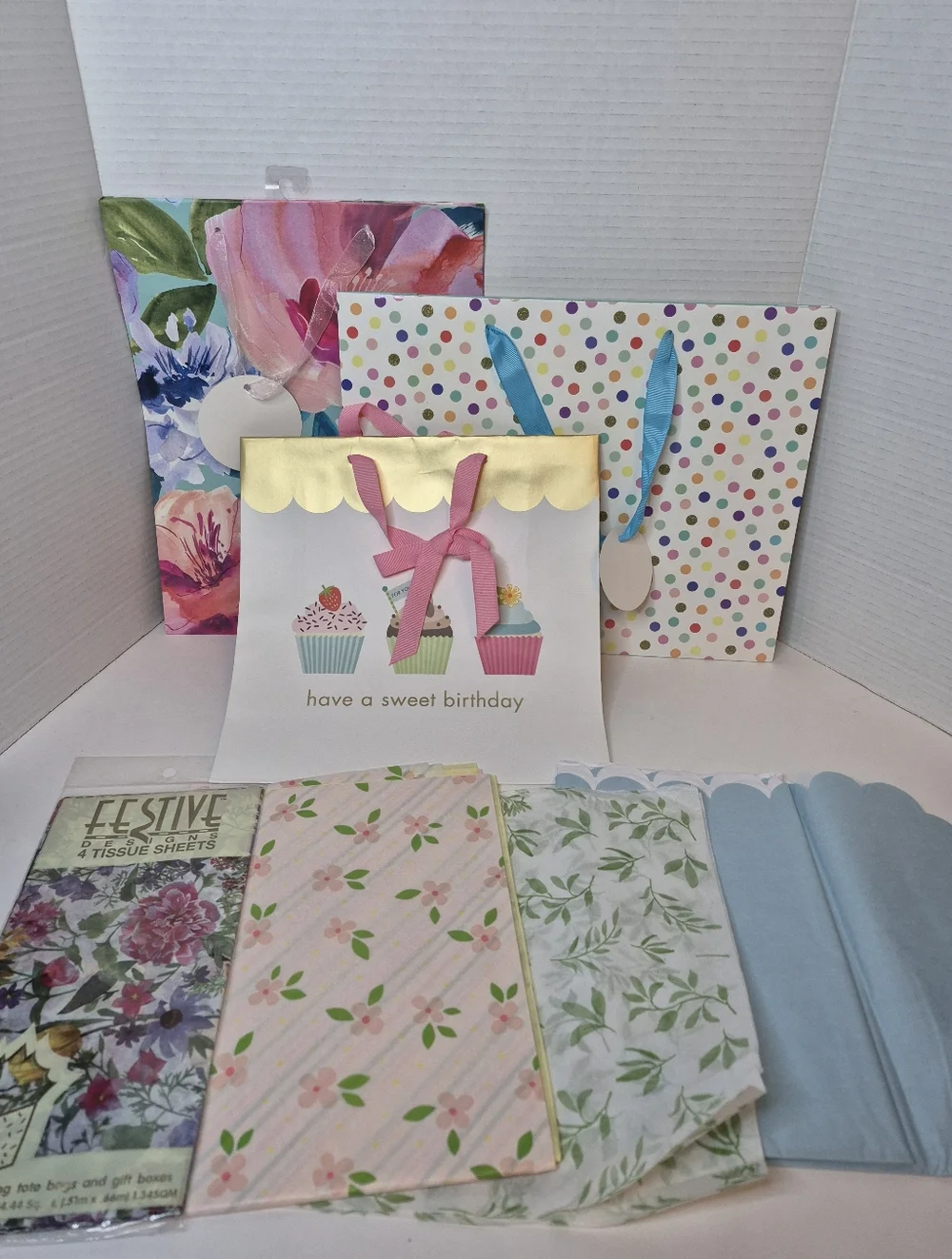 Floral Gift Bags and Tissue Wrapping Lot for Any Occaision and one Birthday
